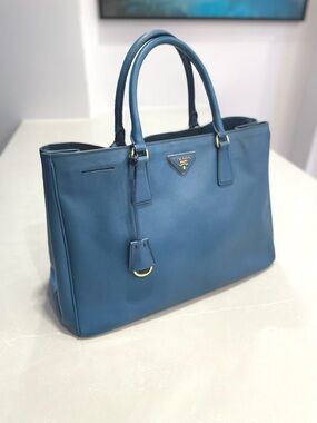 Prada Galleria Saffiano Leather Large Structured Tote Blue w/ Gold Hardware